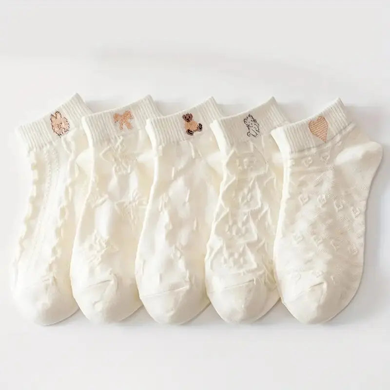 5/10/20 Pairs Women Cartoon Teddy Bear Patterned Ankle Socks Versatile Fashionable Creative Breathable Comfortable Casual Socks