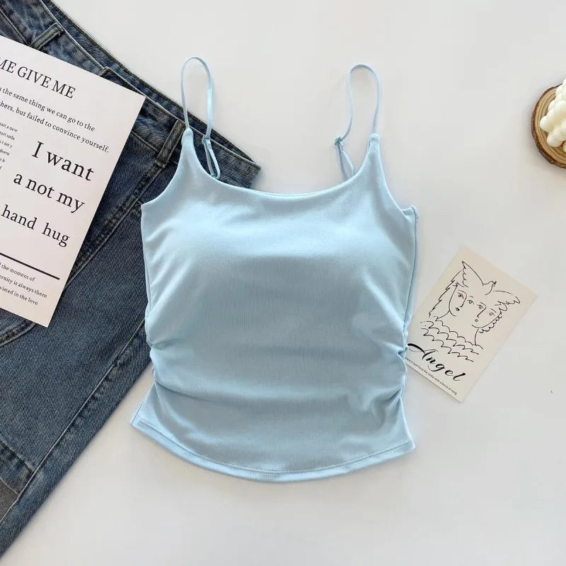 Horetong Women Pleated Camisole with Chest Cushion 2025 Spring Summer Adjustable Sleeveless Tops Sexy Sweet Slim Elastic Camis