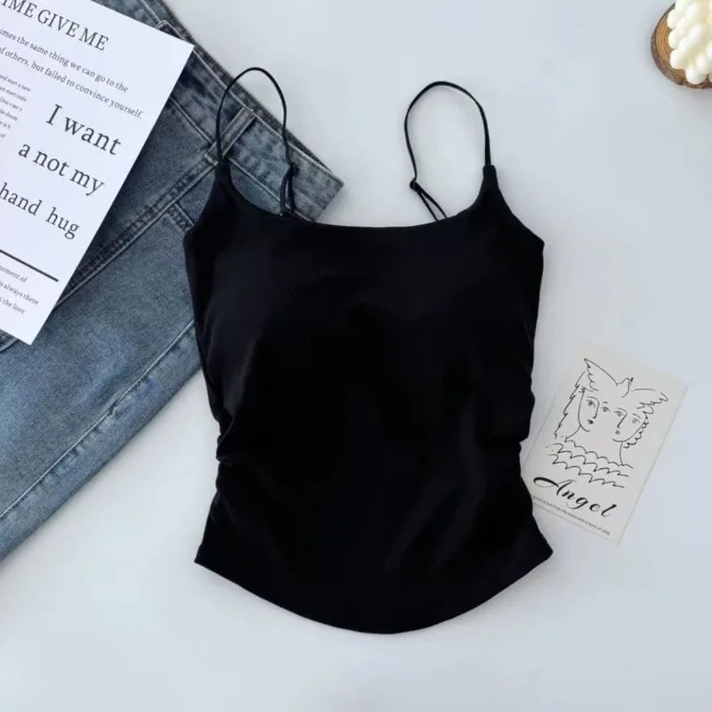 Horetong Women Pleated Camisole with Chest Cushion 2025 Spring Summer Adjustable Sleeveless Tops Sexy Sweet Slim Elastic Camis