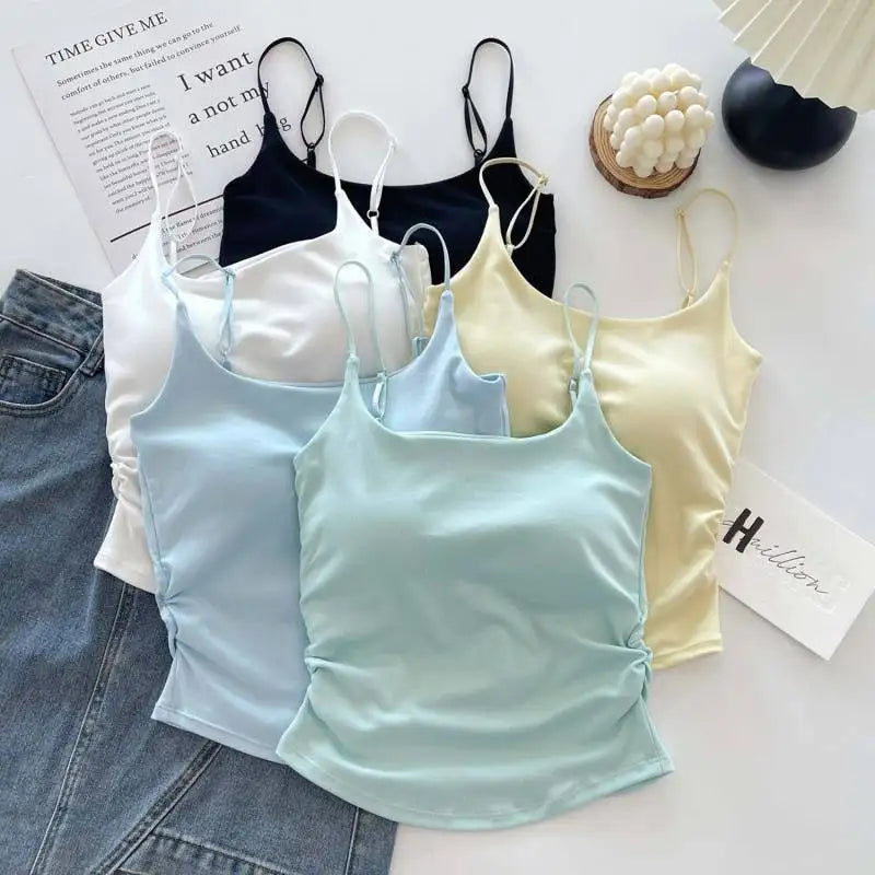 Horetong Women Pleated Camisole with Chest Cushion 2025 Spring Summer Adjustable Sleeveless Tops Sexy Sweet Slim Elastic Camis