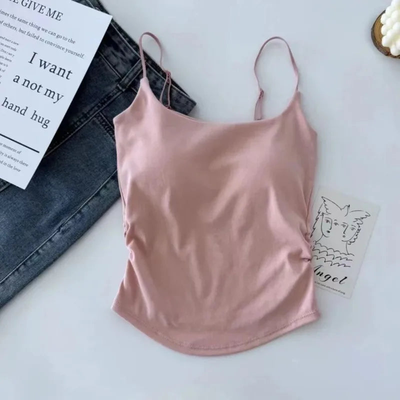 Horetong Women Pleated Camisole with Chest Cushion 2025 Spring Summer Adjustable Sleeveless Tops Sexy Sweet Slim Elastic Camis