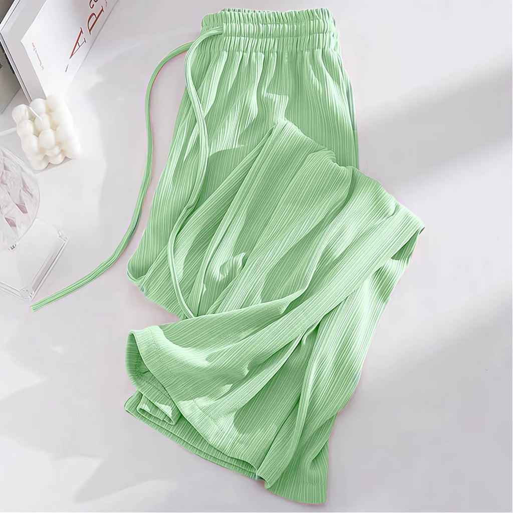 Summer Cool Ice Silk Straight Pants Women Fashion High Waist Wide Leg Trousers Female Solid Sagging Feeling Baggy Casual Pants