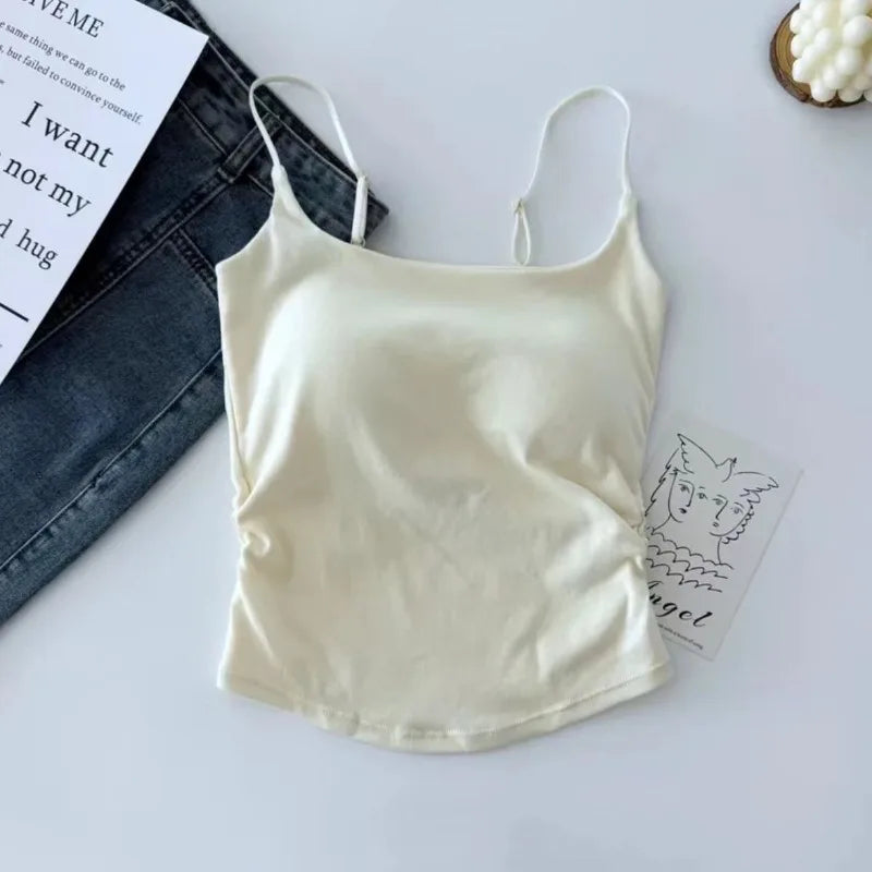 Horetong Women Pleated Camisole with Chest Cushion 2025 Spring Summer Adjustable Sleeveless Tops Sexy Sweet Slim Elastic Camis