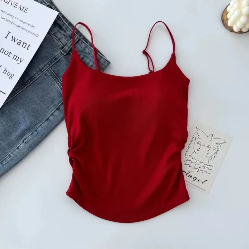 Horetong Women Pleated Camisole with Chest Cushion 2025 Spring Summer Adjustable Sleeveless Tops Sexy Sweet Slim Elastic Camis