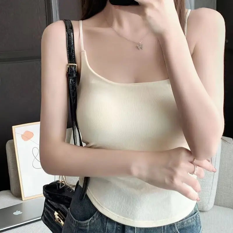 Horetong Women Pleated Camisole with Chest Cushion 2025 Spring Summer Adjustable Sleeveless Tops Sexy Sweet Slim Elastic Camis