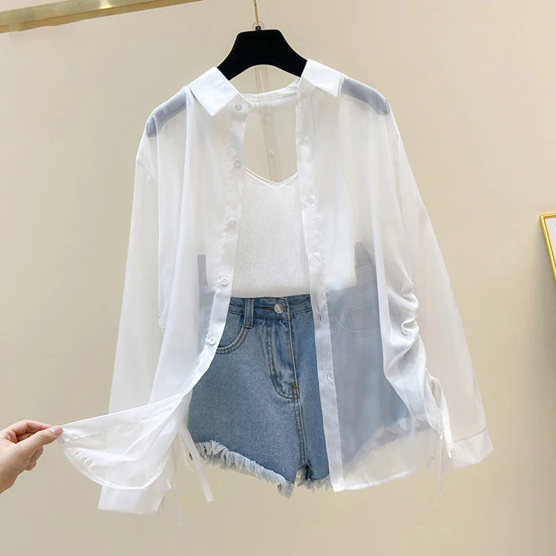 Drawstring Long Sleeve White Sunscreen Shirt Women New Summer Thin Casual Chiffon Blouse Women Tops Fashion Plus Size Shirts X30